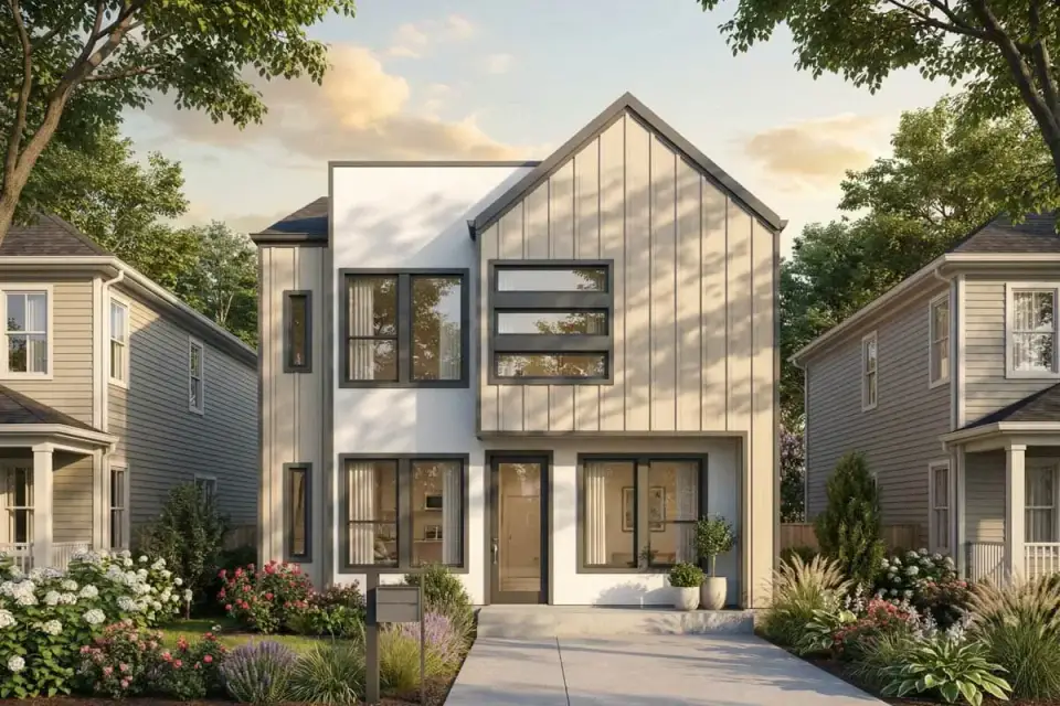 Plan 100368GHR front exterior render of modern Scandinavian triplex with white vertical siding warm light toned wood cladding on prominent forward facing gable contrasting flat roof block dark framed windows in varying sizes including horizontal stack on gable simple flat roof canopy over ground floor entry doors and minimal landscaped front yard