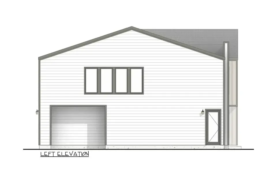 Plan 100368GHR left side elevation modern Scandinavian triplex showing the shared stairwell entry separate exterior door under flat roof canopy and side fenestration for second floor secondary bedrooms