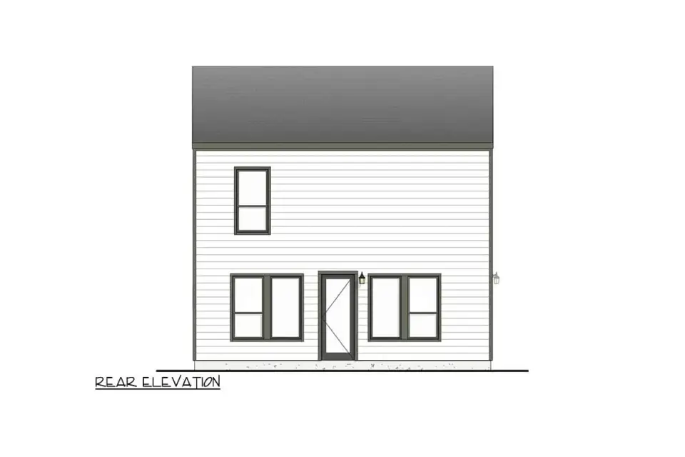 Plan 100368GHR rear elevation modern Scandinavian triplex showing flat roof block massing rear unit windows for ground floor great rooms second floor unit windows and clean unornamented back facade suitable for narrow urban infill lots