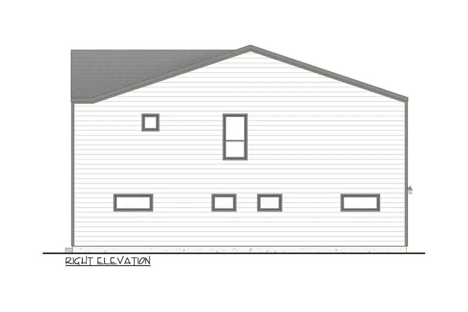 Plan 100368GHR right side elevation modern Scandinavian triplex showing two-story massing white vertical siding sharp gable end window placement for second floor bedrooms and ground level egress windows