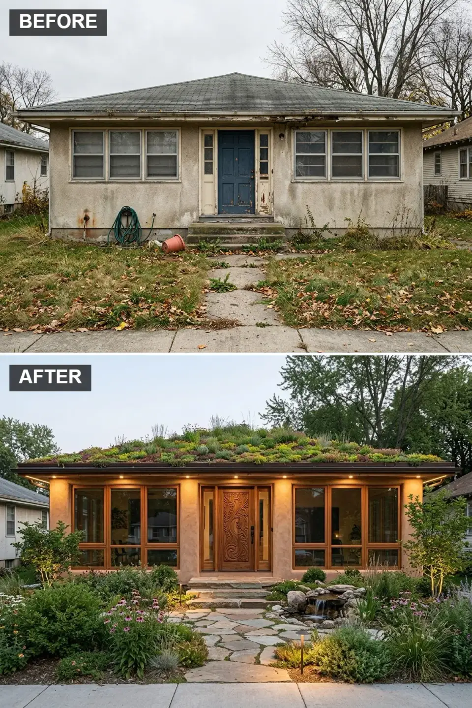 Organic eco-modern facade with terracotta stucco walls, planted sedum green roof, carved wood door, and natural flagstone pathway
