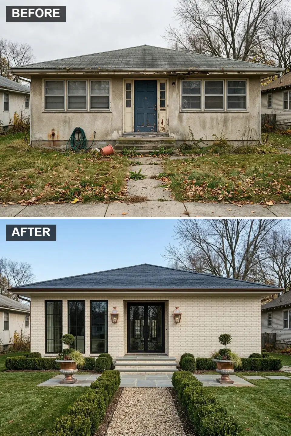 Painted white brick facade with black steel-frame windows and formal boxwood landscaping