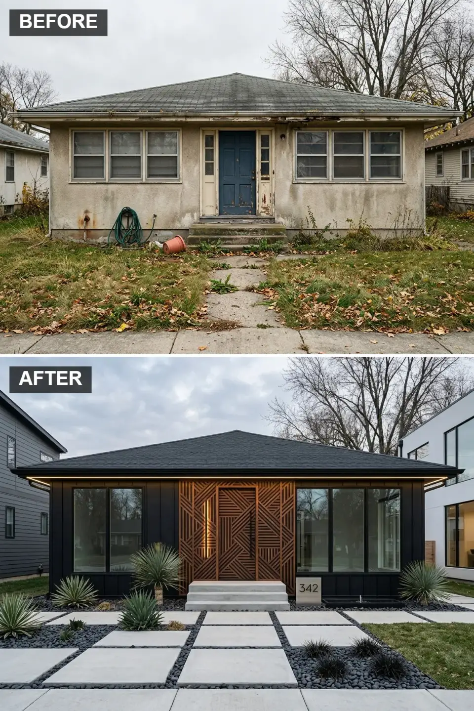 Black board-and-batten contemporary facade with geometric wood door and minimalist pebble landscaping