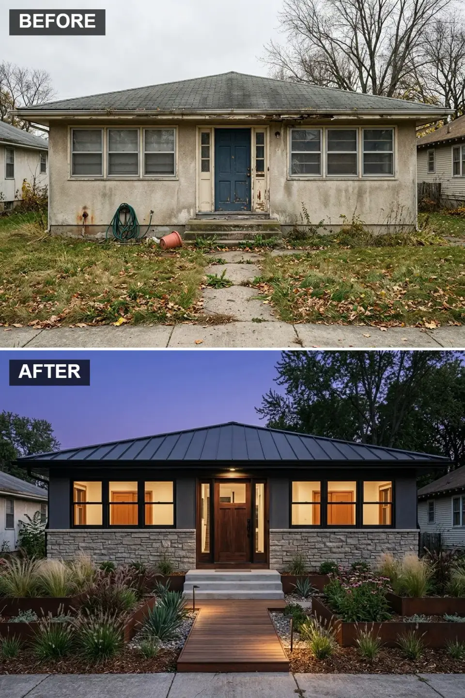 Rustic-modern facade combining light stacked stone veneer bottom, dark stucco upper, and standing seam metal roof
