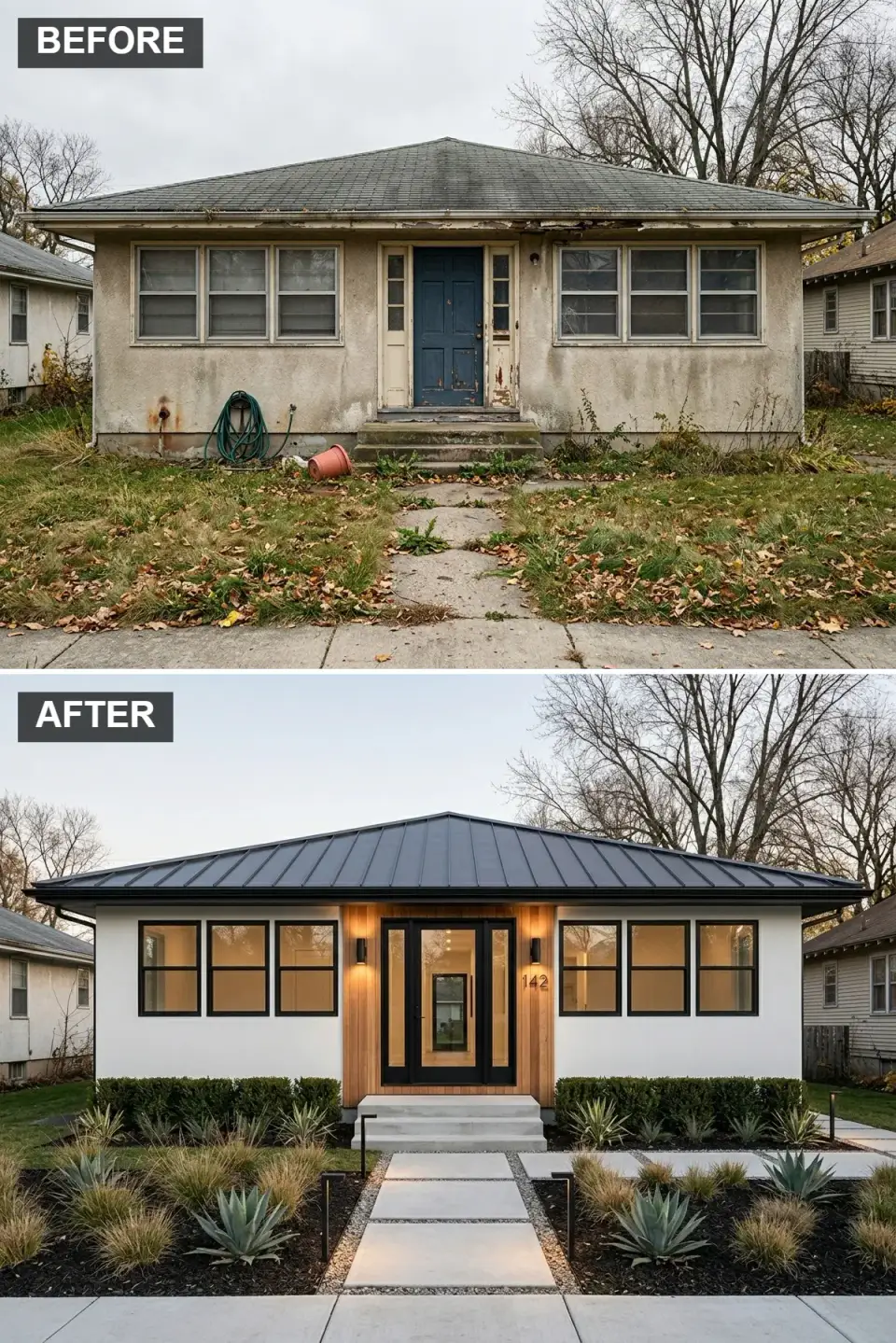Scandinavian ranch facade with crisp white stucco, black metal roof, and vertical cedar entry accent
