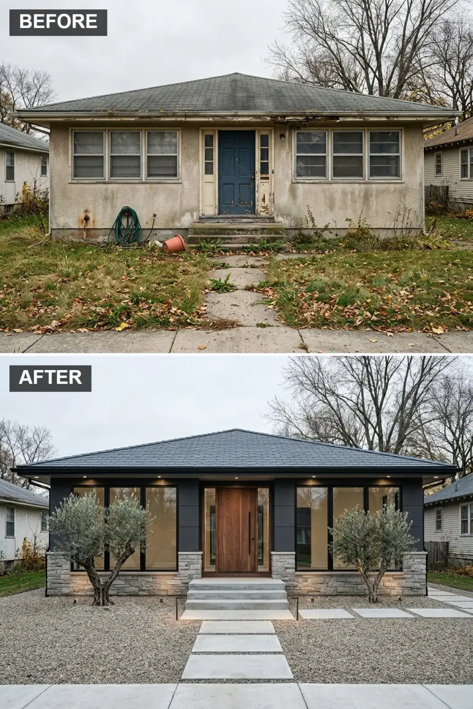 Modern luxe facade with charcoal stucco, light ash stone veneer base, oversized walnut pivot door, and olive trees