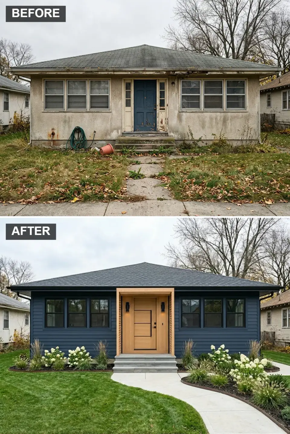 Modern farmhouse facade with deep navy horizontal siding, light oak portico, black windows, and lush perennial beds