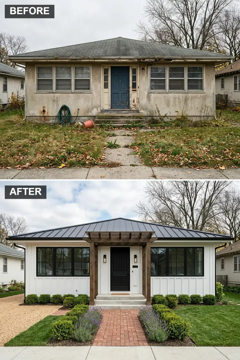 Classic white modern farmhouse facade with black metal roof, dark wood pergola, brick walkway, and lavender borders