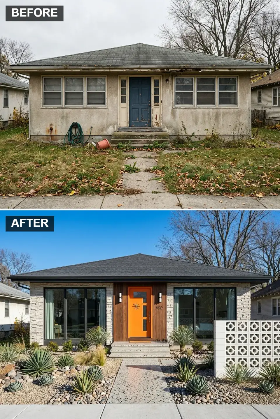 Mid-century modern facade with light stacked stone veneer, vertical teak siding, vibrant orange starburst door, and white breeze block wall