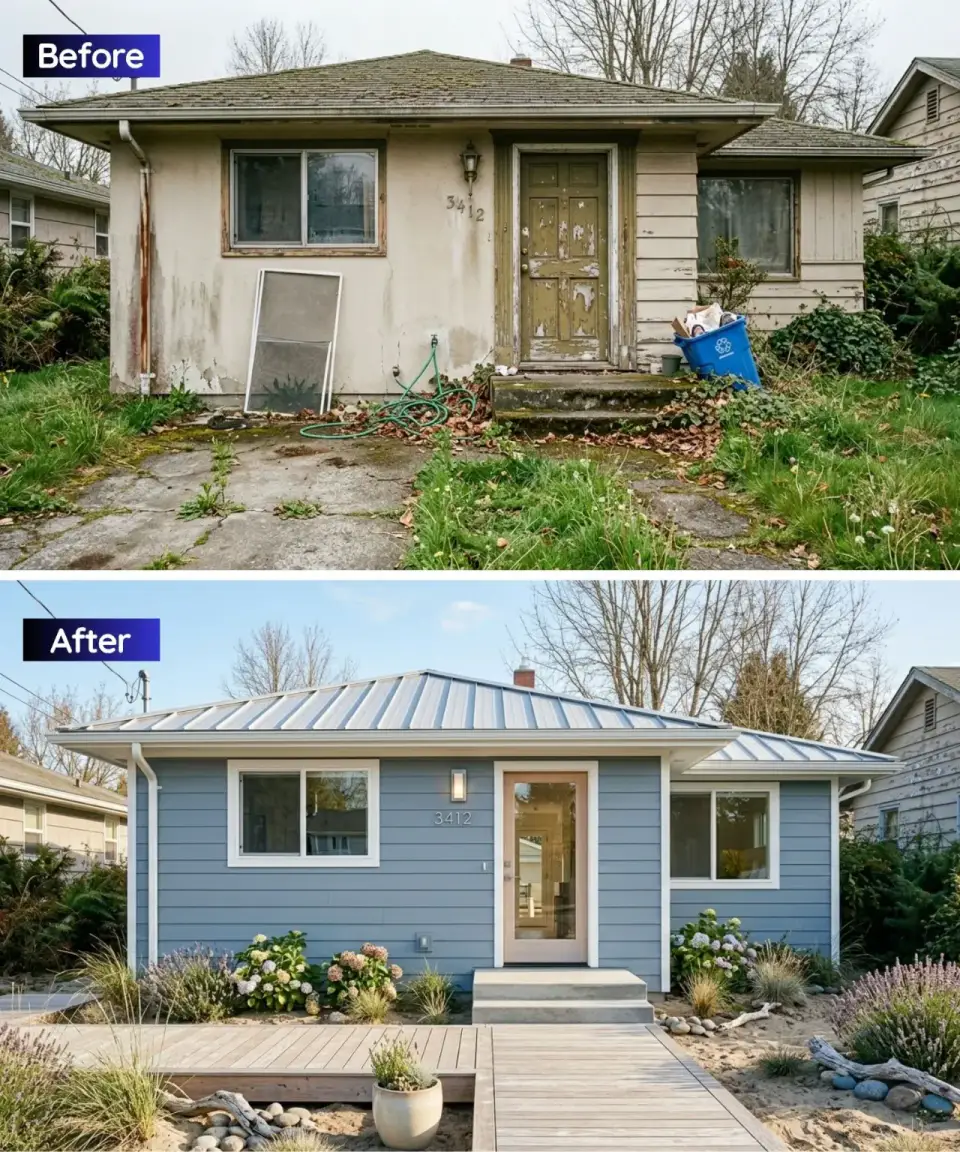 Ranch facade renovation in coastal blue horizontal siding with standing seam metal roof and boardwalk-style wood path — Charleston West Ashley before-and-after study