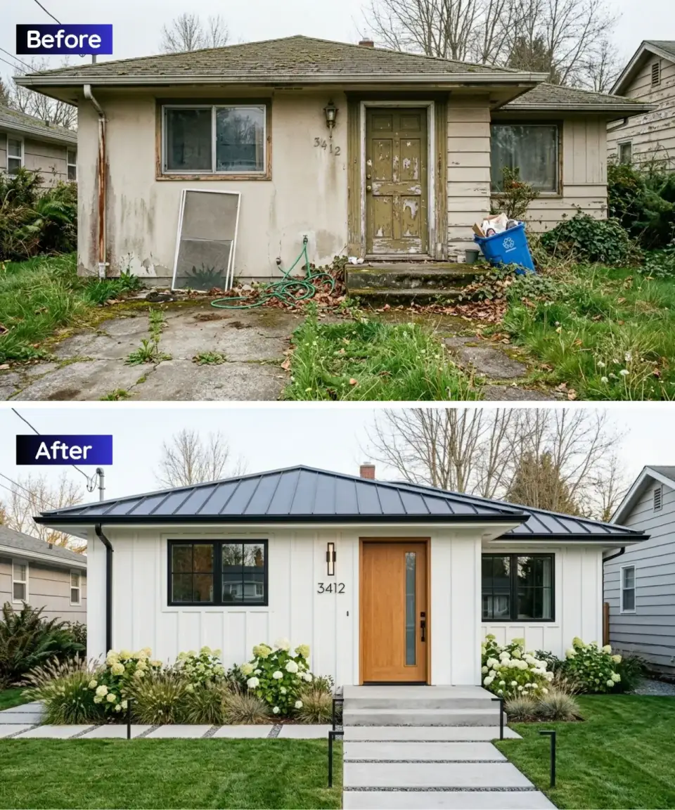 Modern farmhouse ranch renovation with white board-and-batten siding black metal roof black window frames natural wood door and hydrangea landscape