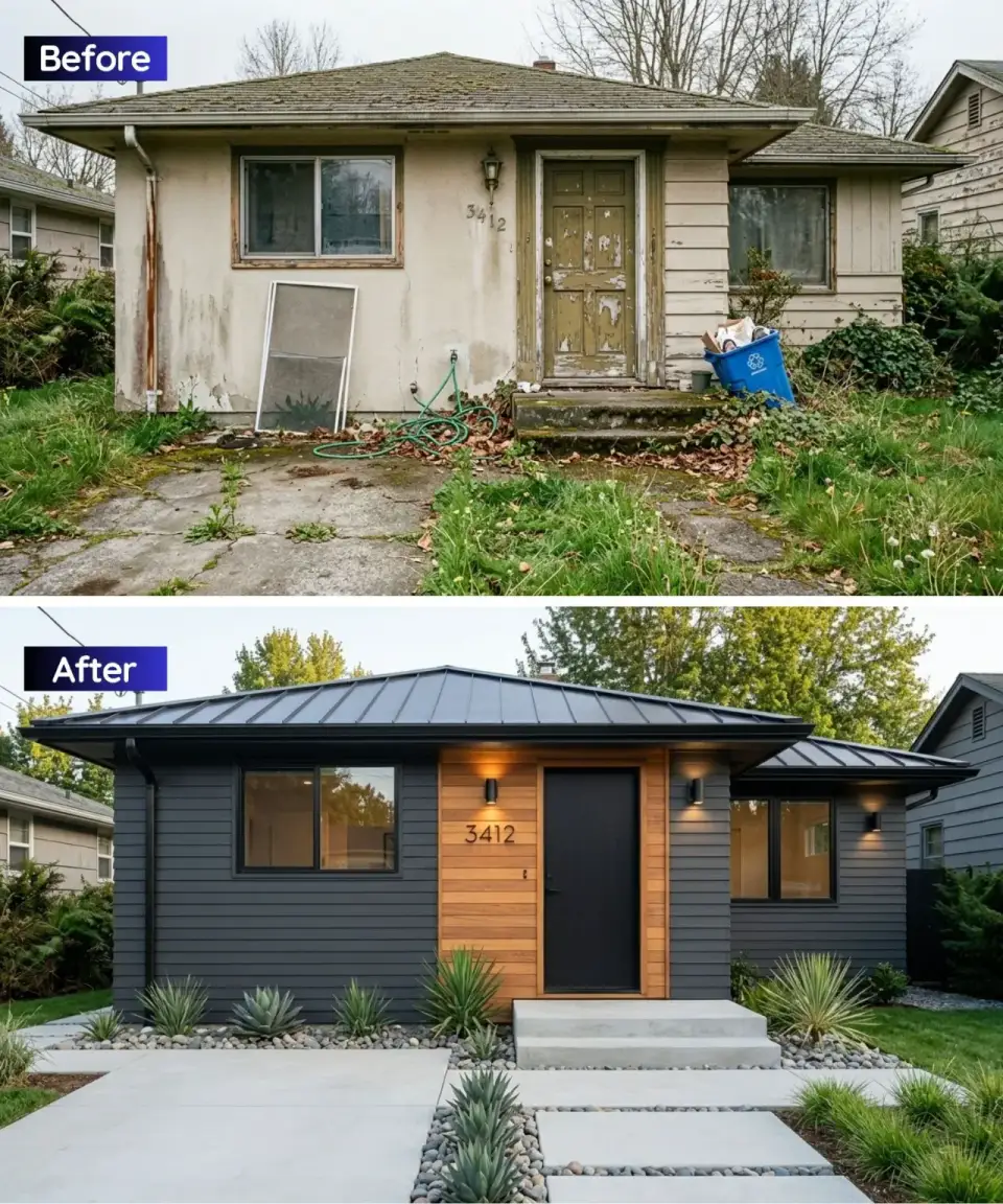 Dark modern ranch renovation with grey horizontal siding vertical cedar slat entry accent matte black door concrete driveway and agave landscaping