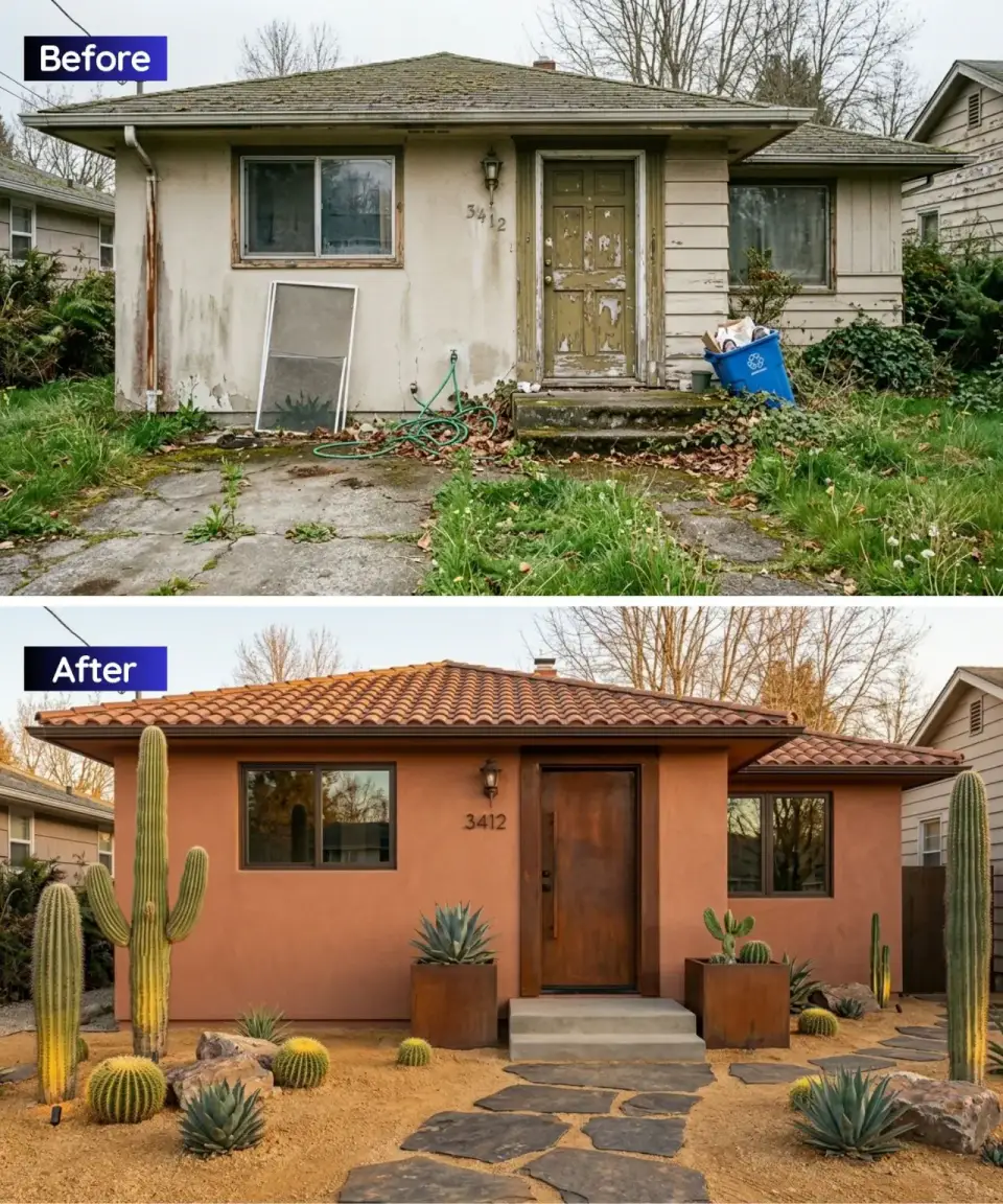 Ranch facade transformed with terracotta stucco red clay Mission S roof tile and agave Cor-Ten planters over decomposed granite path