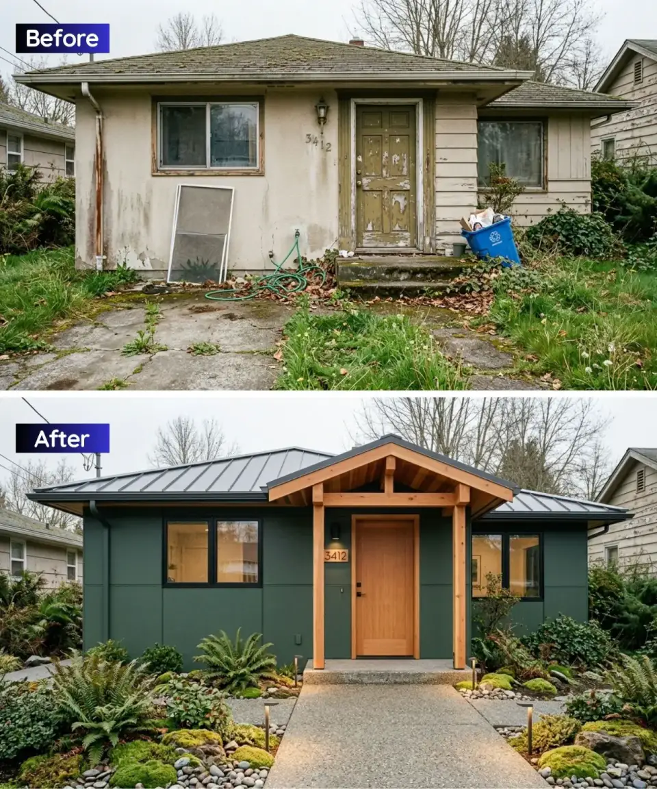 Ranch exterior renovated in forest green siding with cedar timber-frame porch and matte black standing seam roof over ferns and river stone landscape