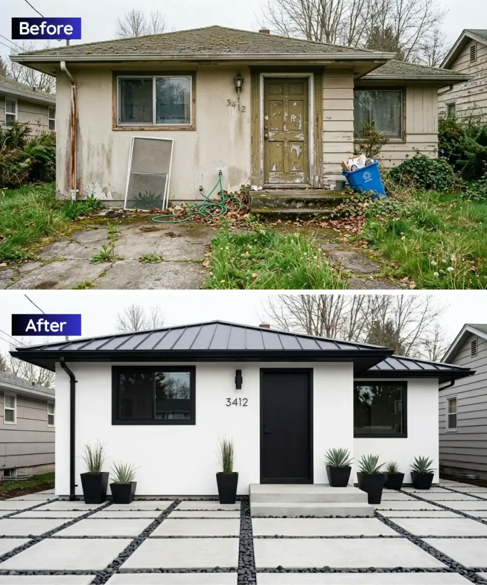 Modern ranch renovation with smooth white stucco black metal roof black slab door and geometric concrete pavers with black Mexican beach pebbles