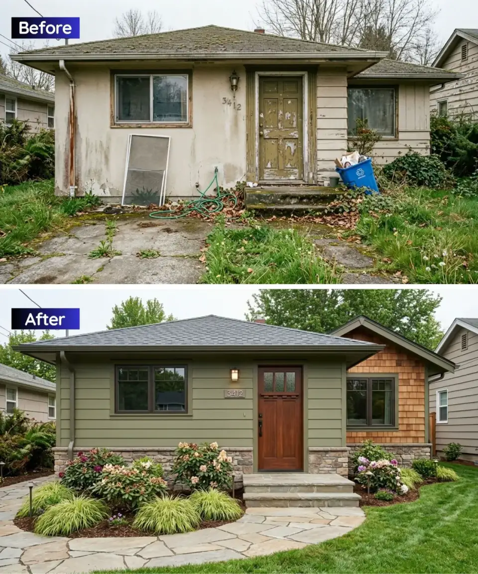 Ranch exterior transformed into craftsman style with olive green horizontal siding cedar shake gable and stacked stone veneer foundation and hydrangeas