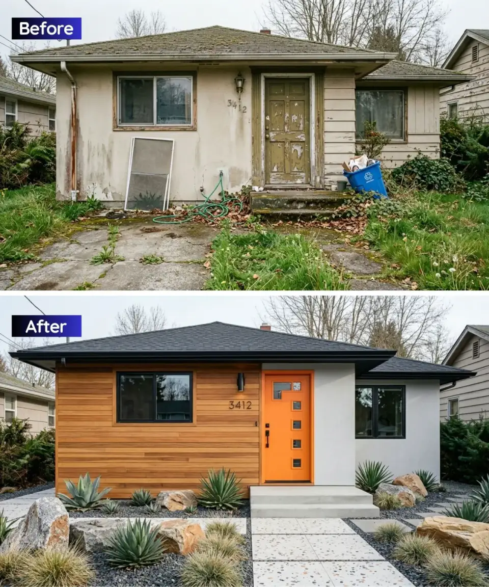 Ranch renovation in mid-century modern style with warm horizontal wood siding grey stucco panel and vibrant orange geometric door over terrazzo pavers