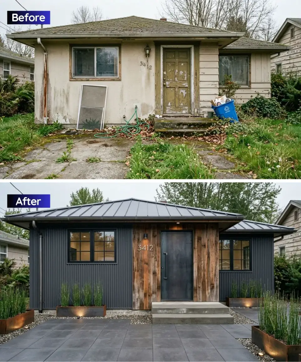 Industrial modern ranch renovation with dark grey corrugated metal siding reclaimed wood plank entry Cor-Ten planters and horsetail reed landscape