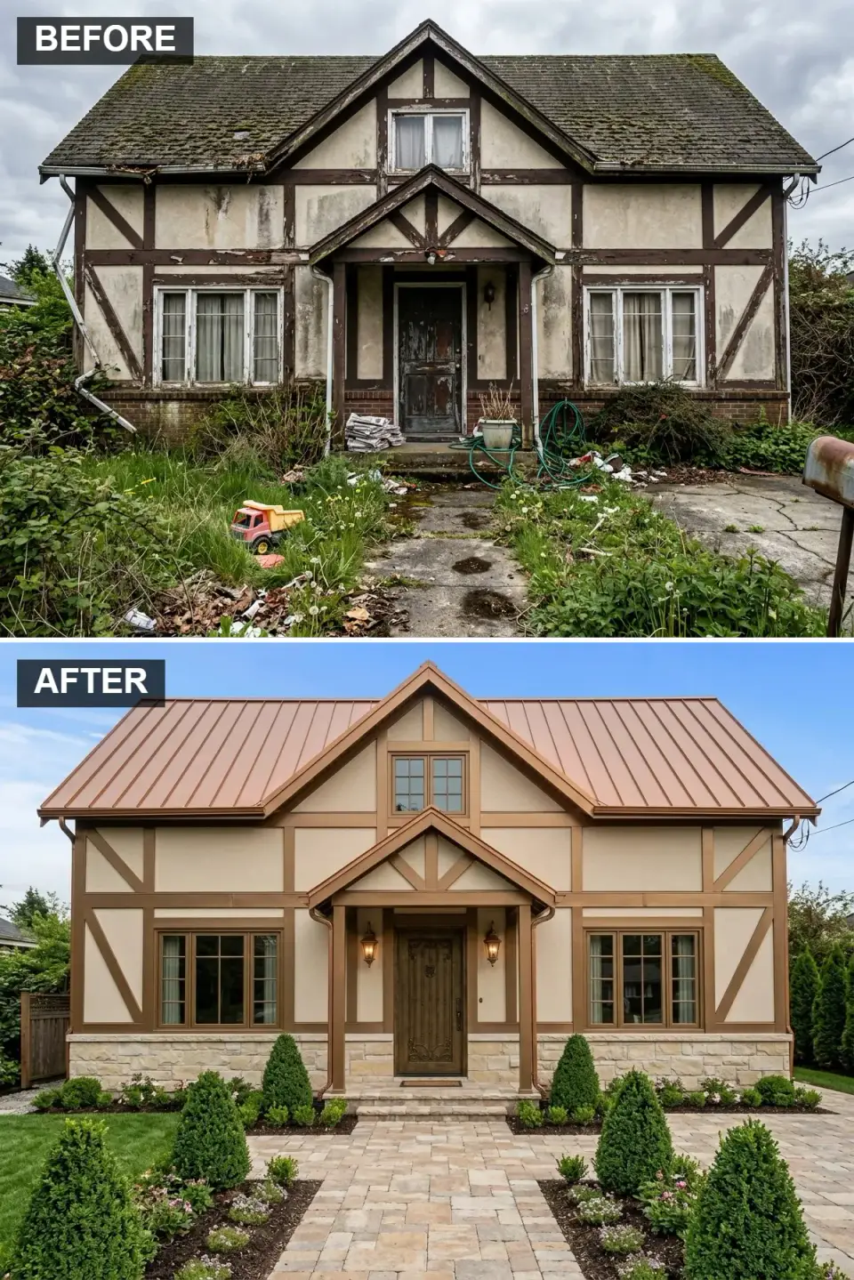 French Country facade renovation with warm beige stucco, copper-toned trim accents, natural limestone base, standing-seam copper roof, ornate wooden door, and manicured boxwood landscaping