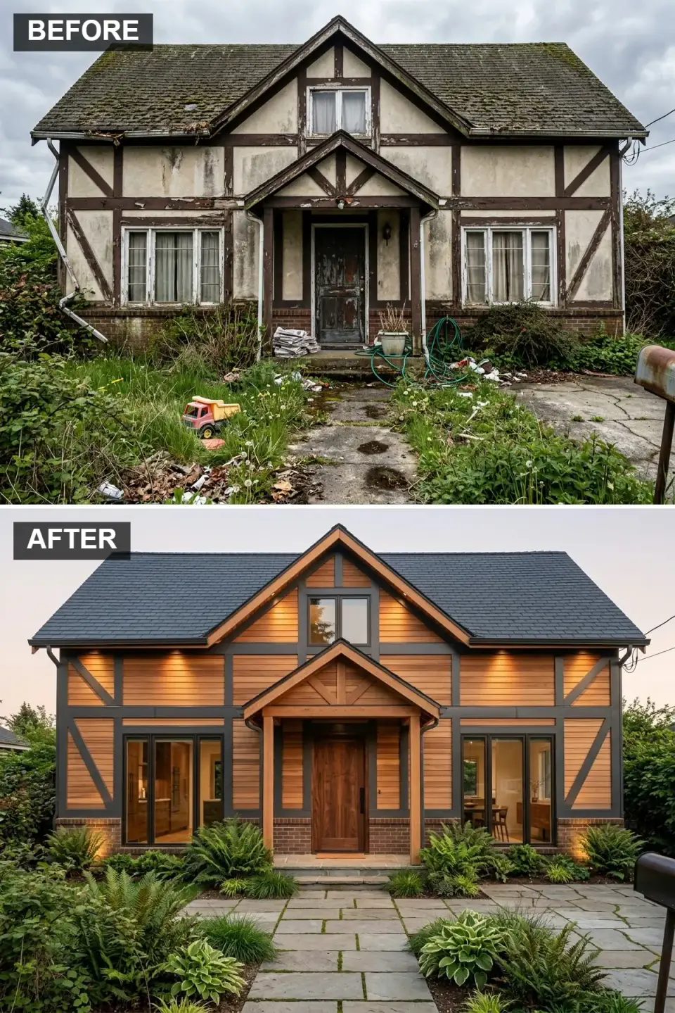 All-wood Craftsman facade with warm cedar horizontal siding, dark roast timber framing, traditional red brick base, charcoal slate roofing, glass-panel wood door, and a woodland garden of ferns and hostas along a flagstone path