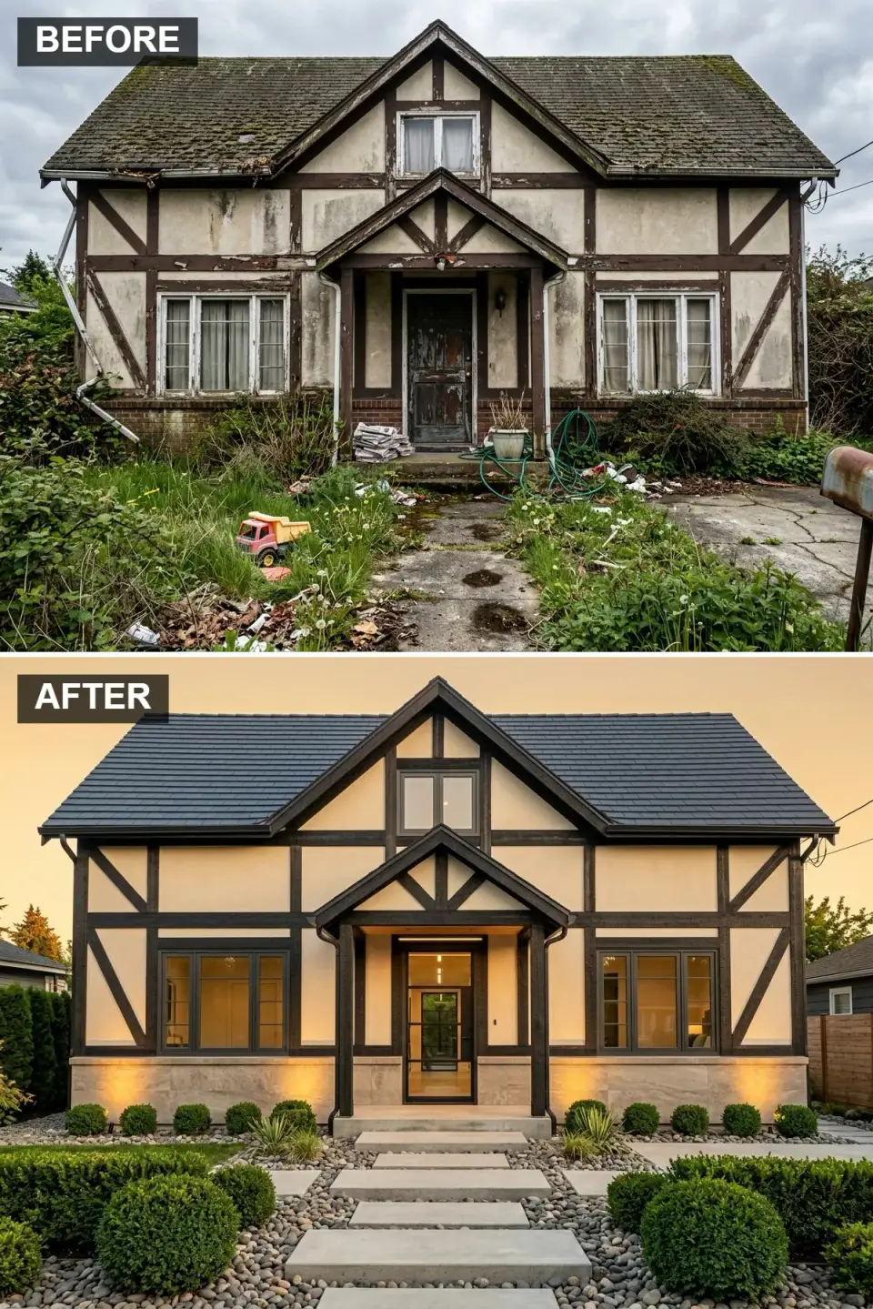 Cream and black contemporary Tudor facade with creamy beige stucco walls, matte black timber framing and window trim, light travertine stone base, black steel-and-glass front door, and concrete pavers in river stone with boxwood spheres