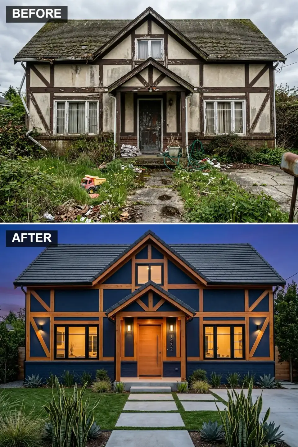Navy Craftsman facade with deep navy stucco walls, natural cedar timber framing, black-framed casement windows, vertical-plank wood door, and geometric concrete paver pathway