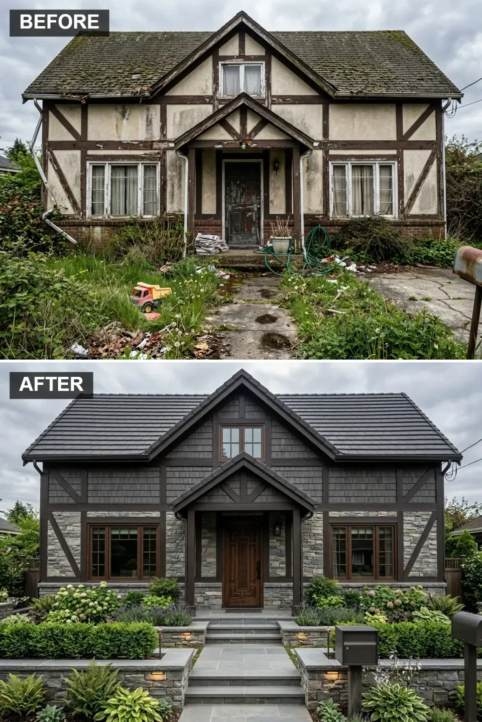 Stone and shake lodge facade with dark grey cedar shake upper siding, stacked fieldstone veneer base, dark walnut timber framing, slate-style roofing, and lush hydrangea and fern garden