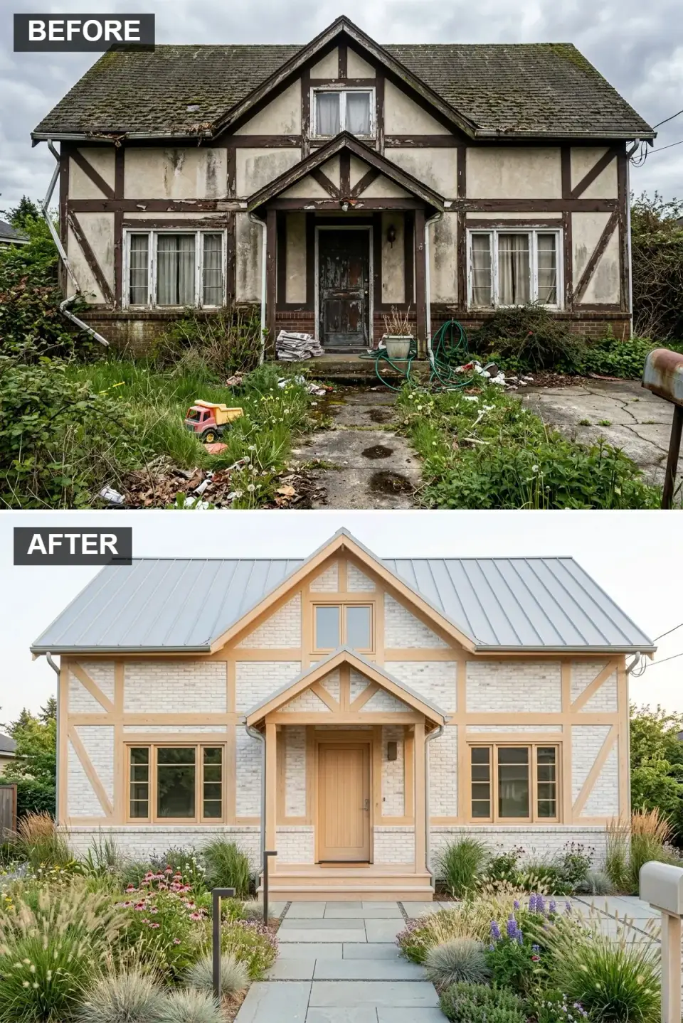 Scandi-farmhouse facade with whitewashed brick, blonde oak timber accents, light grey standing-seam metal roof, and a bluestone path flanked by ornamental grasses and coneflowers