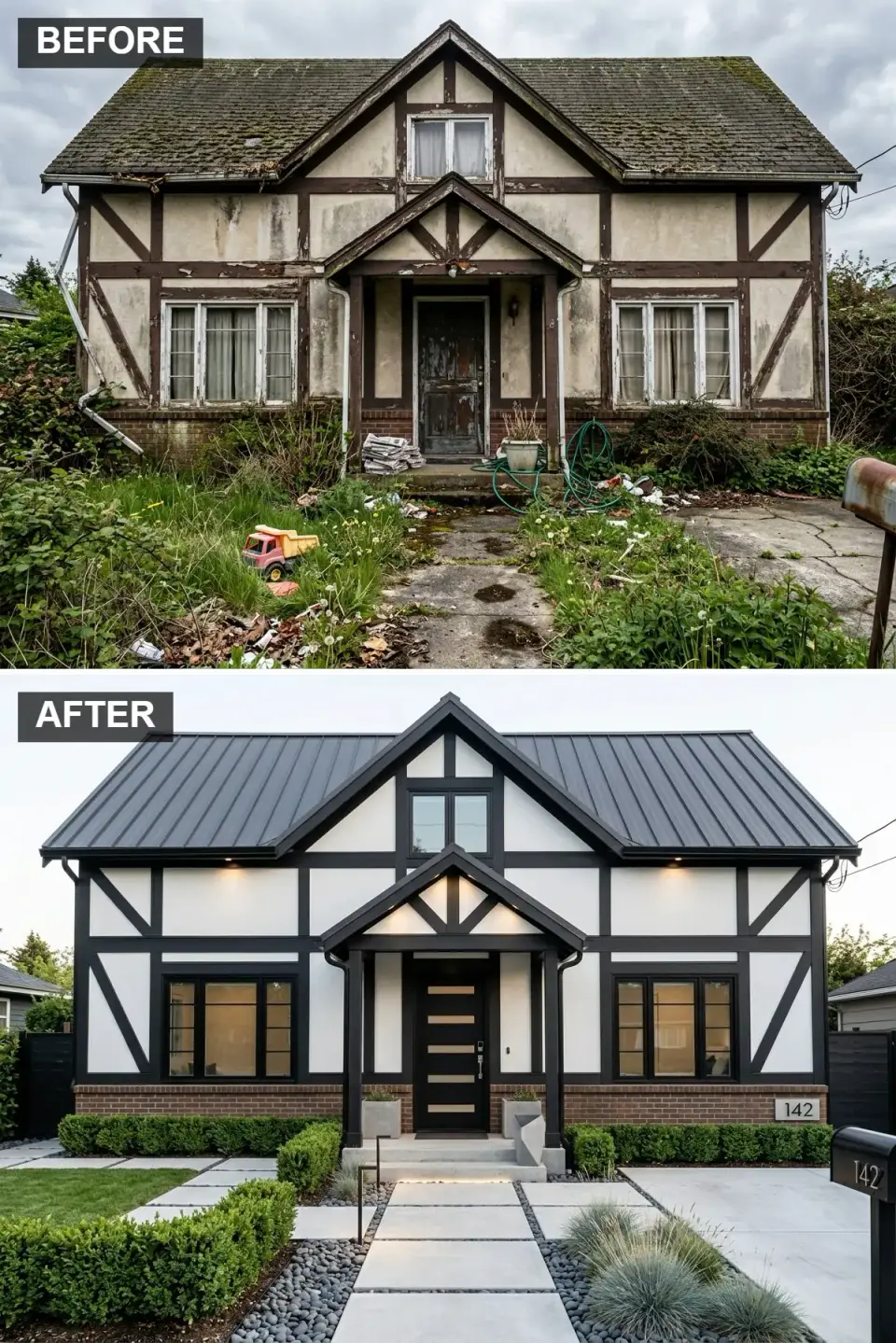 Modern Tudor facade in stark black and white with crisp white stucco, black-painted timber framing, black-framed modern windows, red brick base, dark metal roof, and geometric concrete paver path
