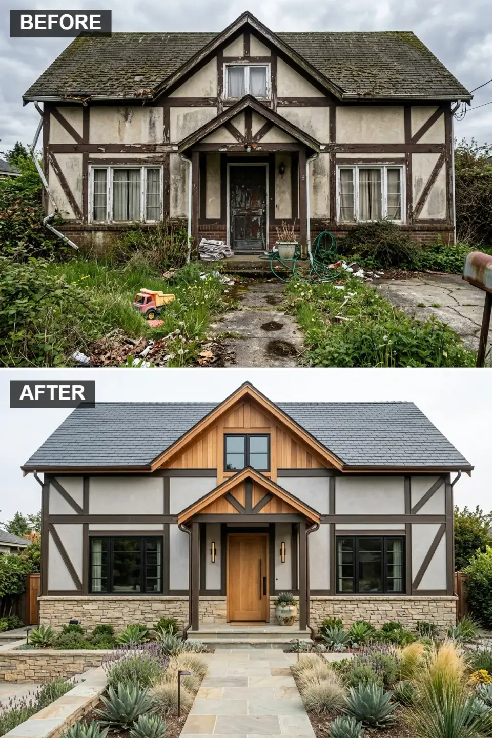 Craftsman facade with warm grey stucco main walls, warm cedar gable siding, espresso timber framing, slate tile roofing, solid wood pivot door, and a drought-tolerant flagstone and gravel front garden