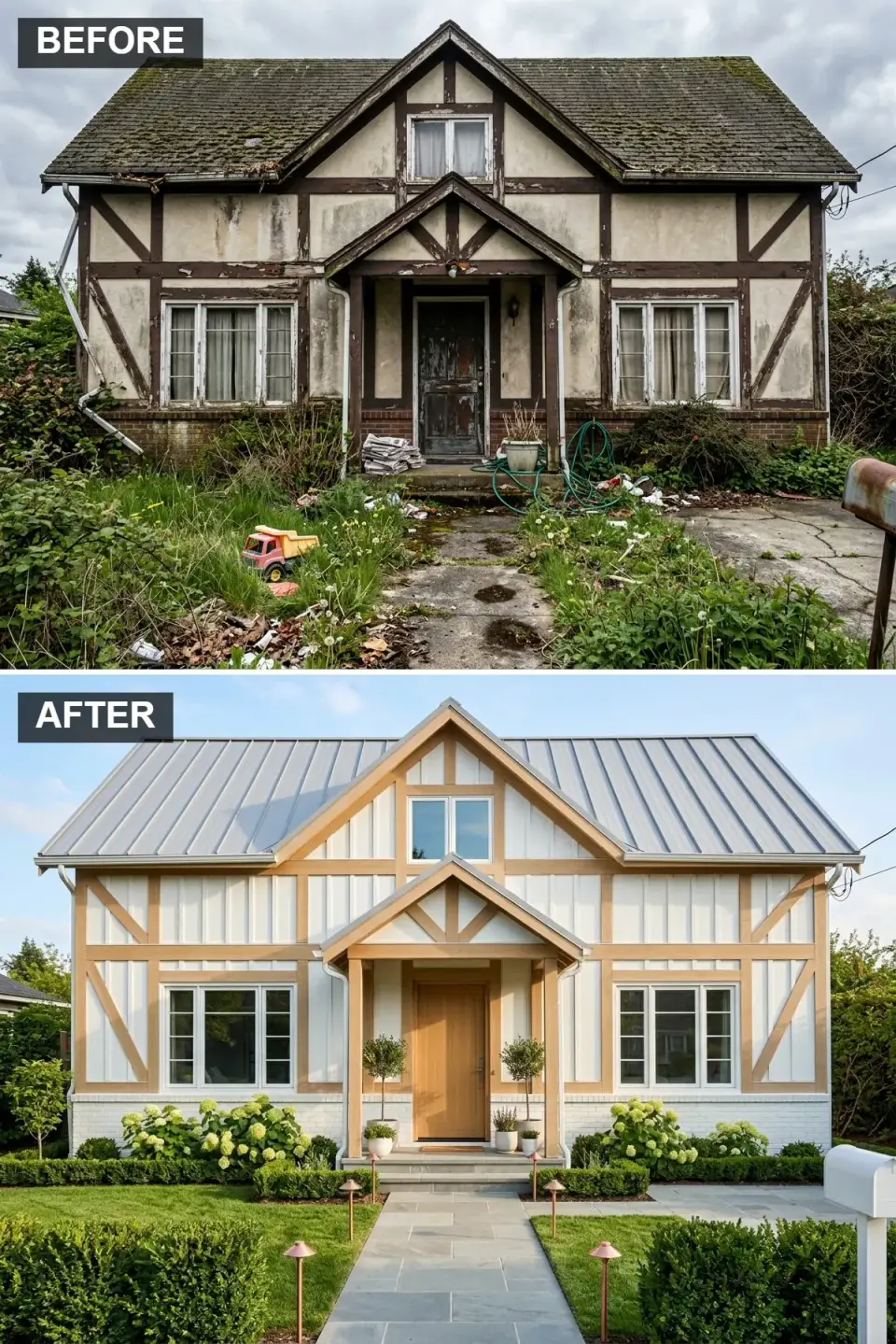 White farmhouse facade with crisp white board-and-batten siding, natural pine timber accents, galvanized metal roof, simple light wood plank door, slate path, and white hydrangea bushes bordered by potted olive trees