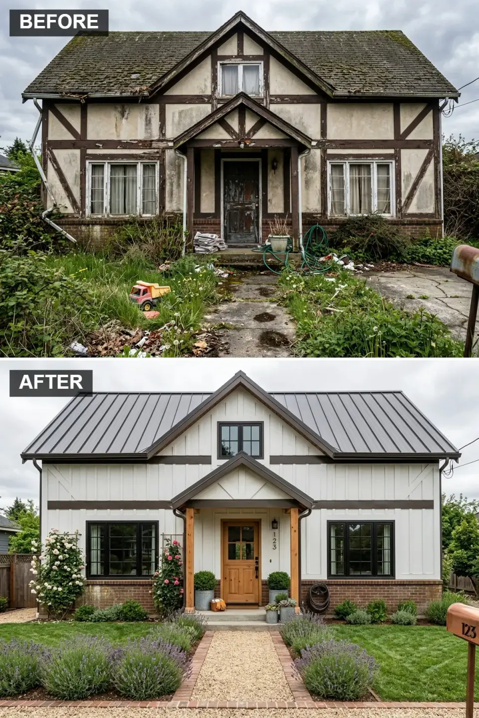 Cottage farmhouse facade with white board-and-batten siding, chocolate brown timber accents, aged red brick base, dark metal roof, medium oak Dutch door, and a cottage garden of climbing roses, lavender, and boxwood