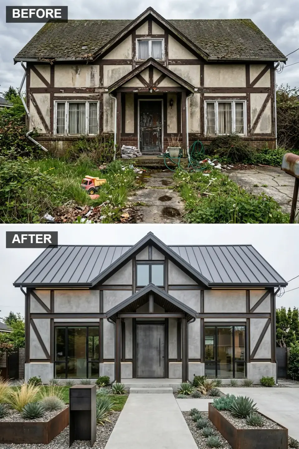 Industrial facade with large architectural concrete wall panels, dark steel beam framing, raw steel slab door, dark standing-seam metal roof, and minimalist Corten planters in a gravel and concrete paver front yard