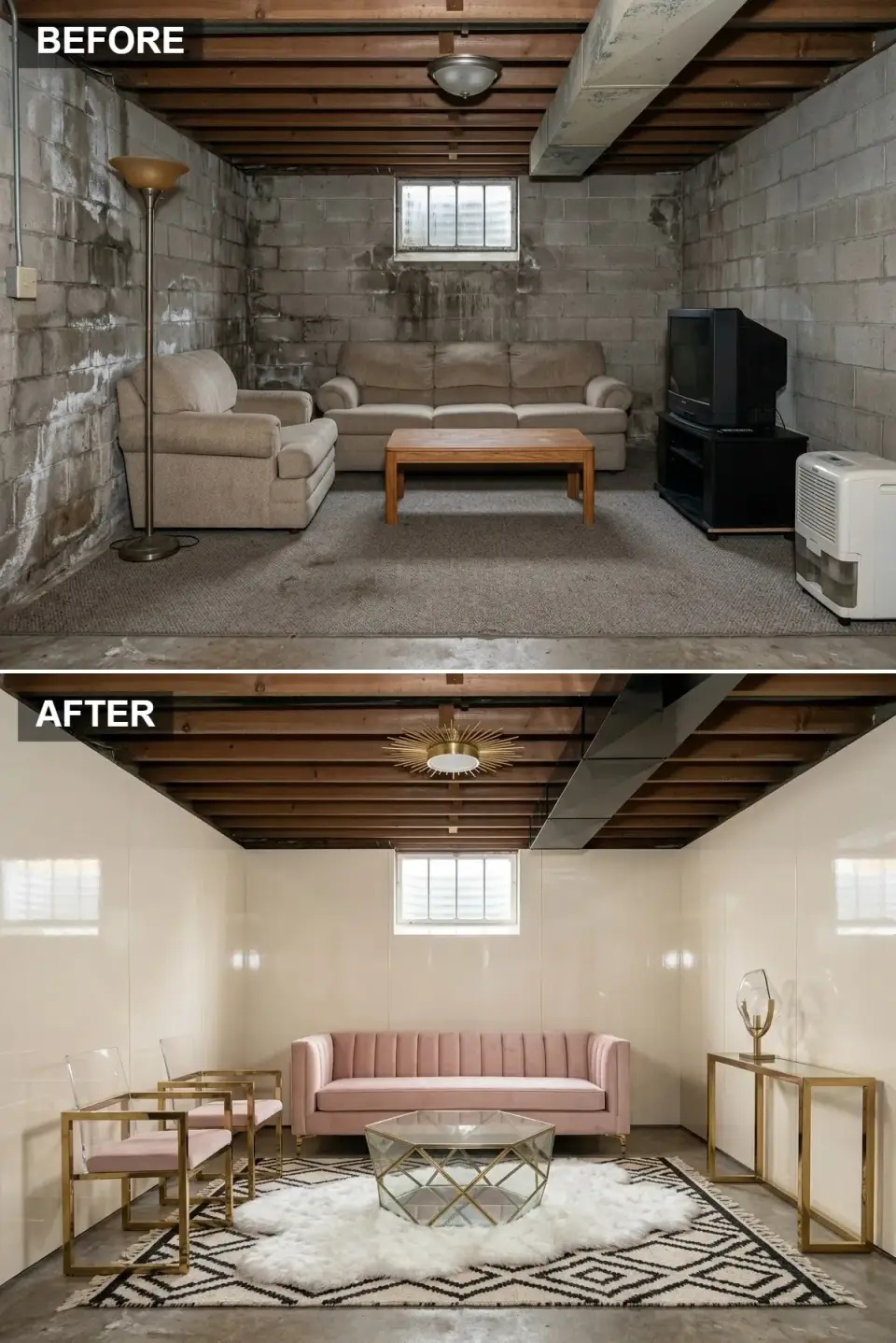 Finished basement lounge with blush velvet sofa, brass accent chairs, and high-gloss cream wall panels