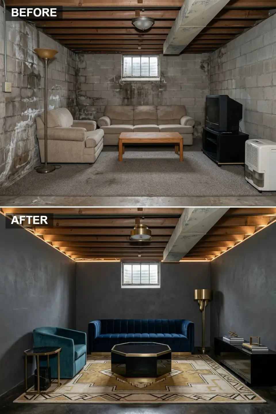 Art Deco basement speakeasy with navy velvet sofa, teal barrel chair, charcoal plaster, and perimeter LED glow