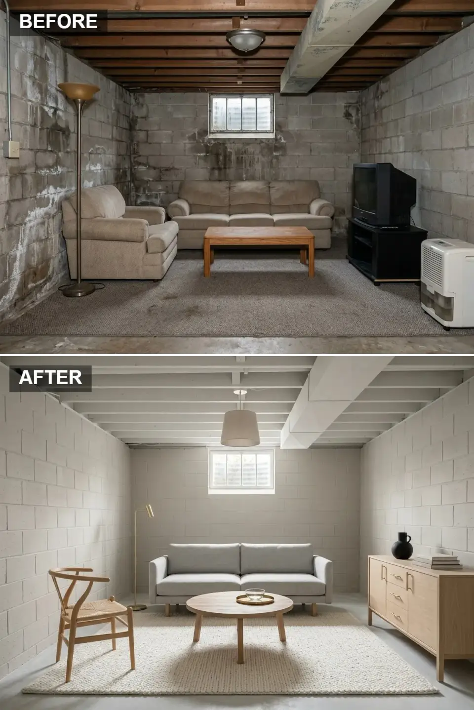 Scandinavian basement den with Nordic-white walls and joists, light gray sofa, Wishbone chair, and pale oak