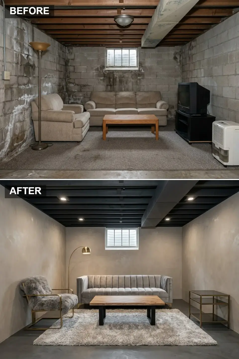 Contemporary basement with matte-black joists, warm gray plaster, silver velvet sofa, and white shag rug