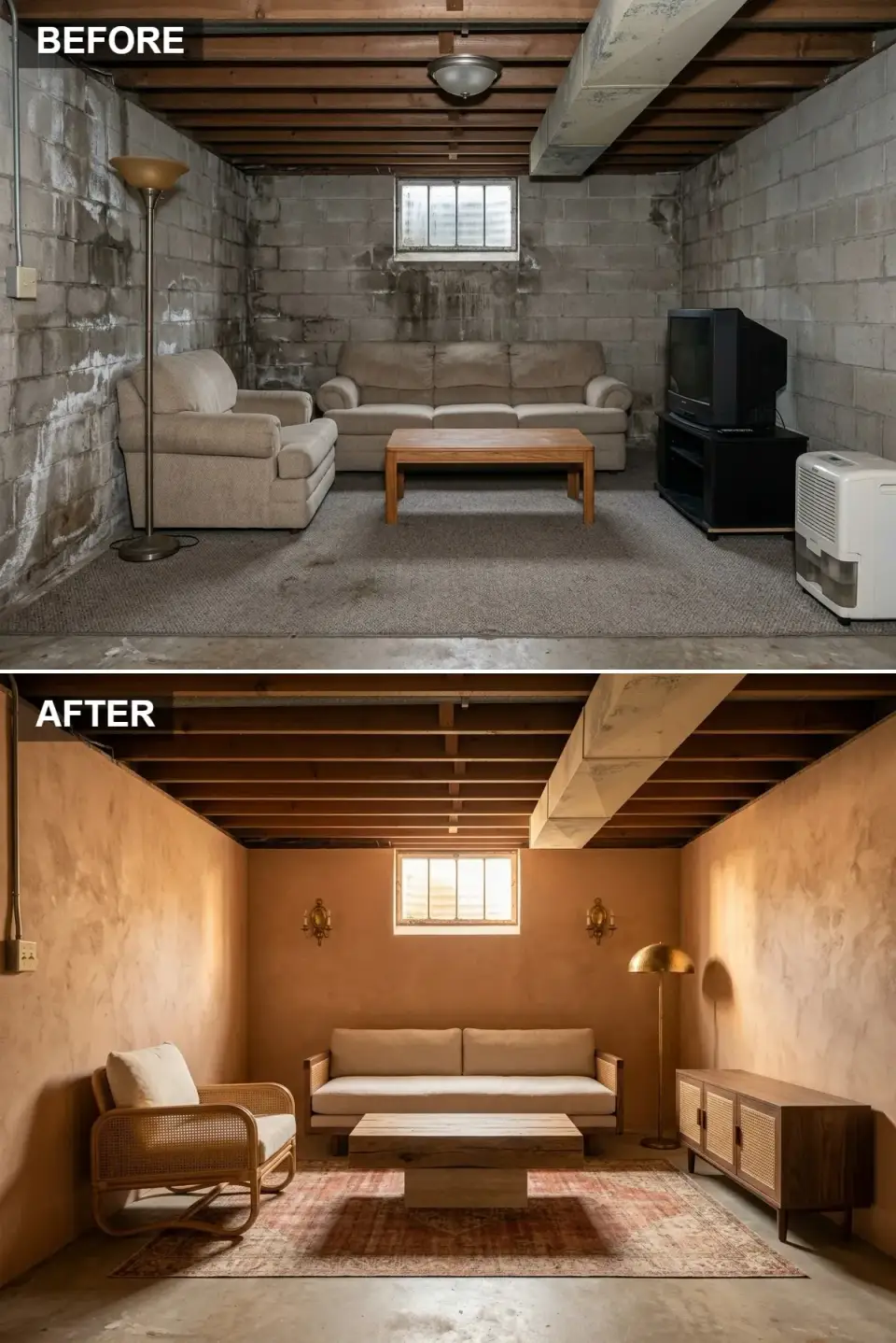 Mediterranean basement with hand-troweled terracotta plaster, cane-and-wood sofa, and vintage brass sconces