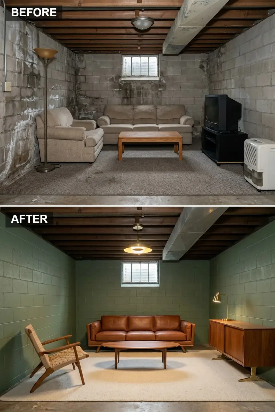 Mid-century modern basement with cognac leather sofa, sage cinder-block walls, and exposed wood joists