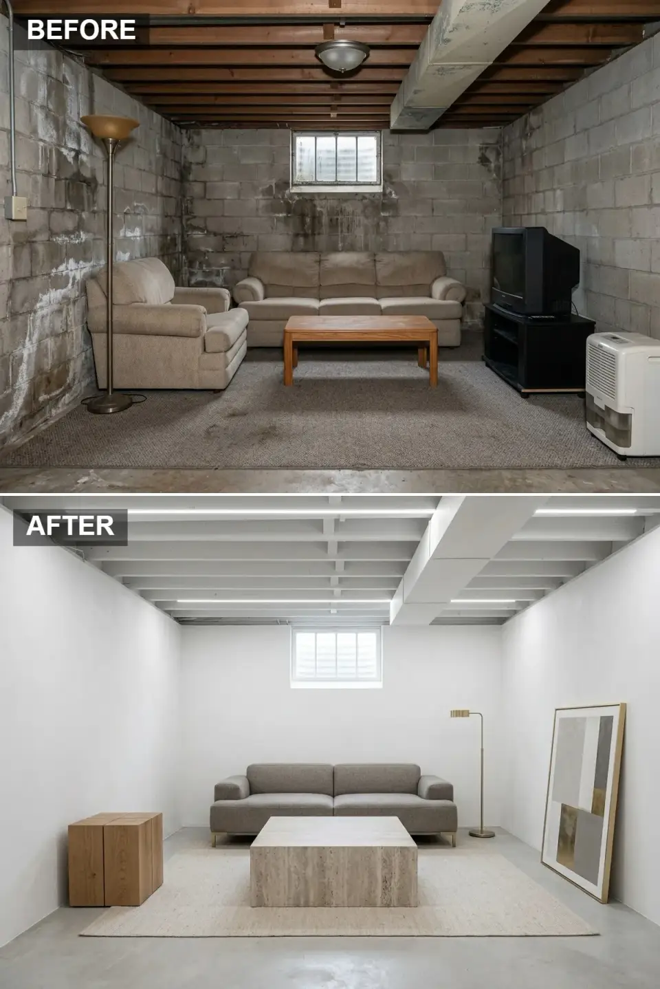Minimalist white basement with low gray sofa, monolithic travertine coffee table, and hidden LED lighting