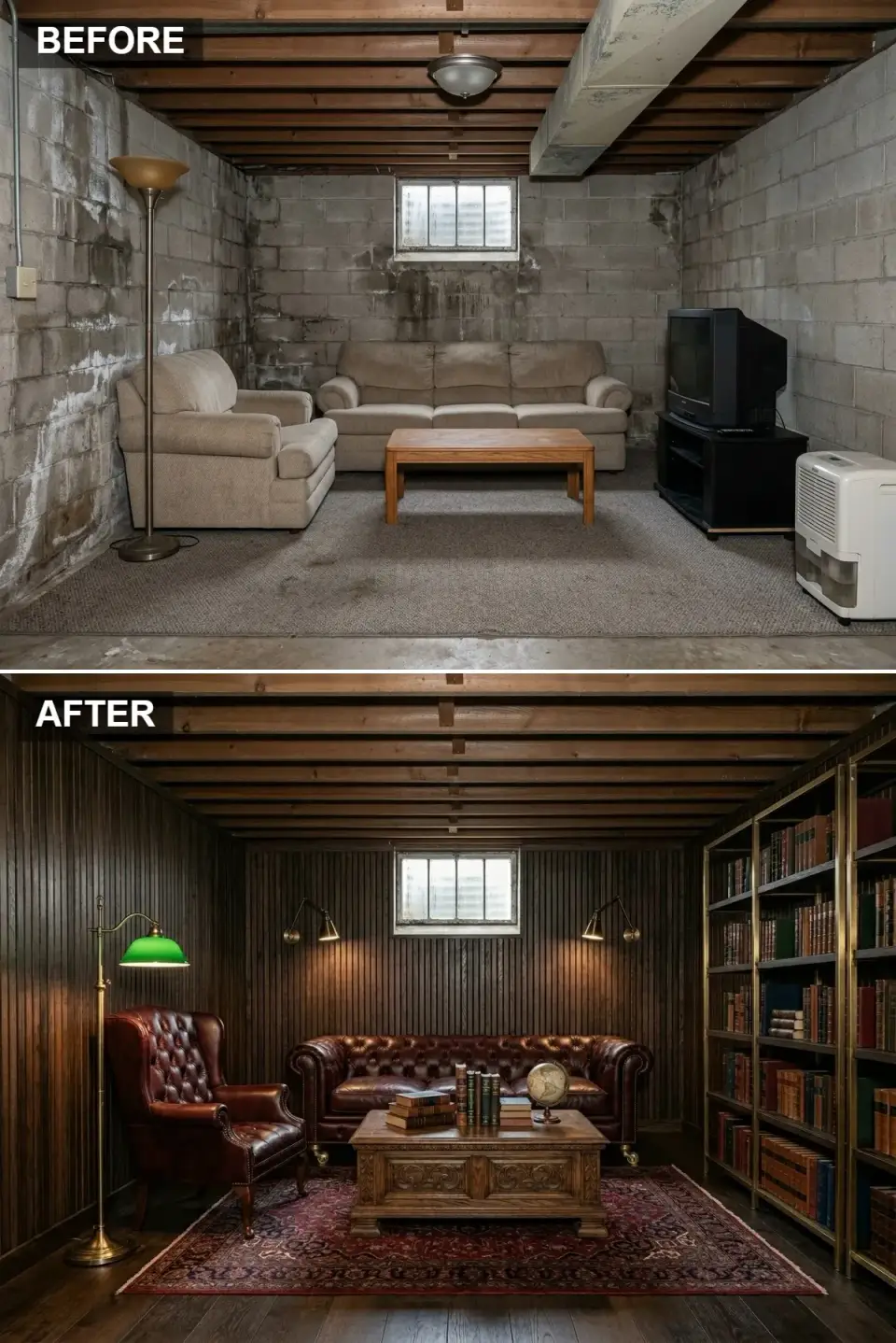 Dark academia basement library with mahogany paneling, oxblood Chesterfield sofa, and Persian rug
