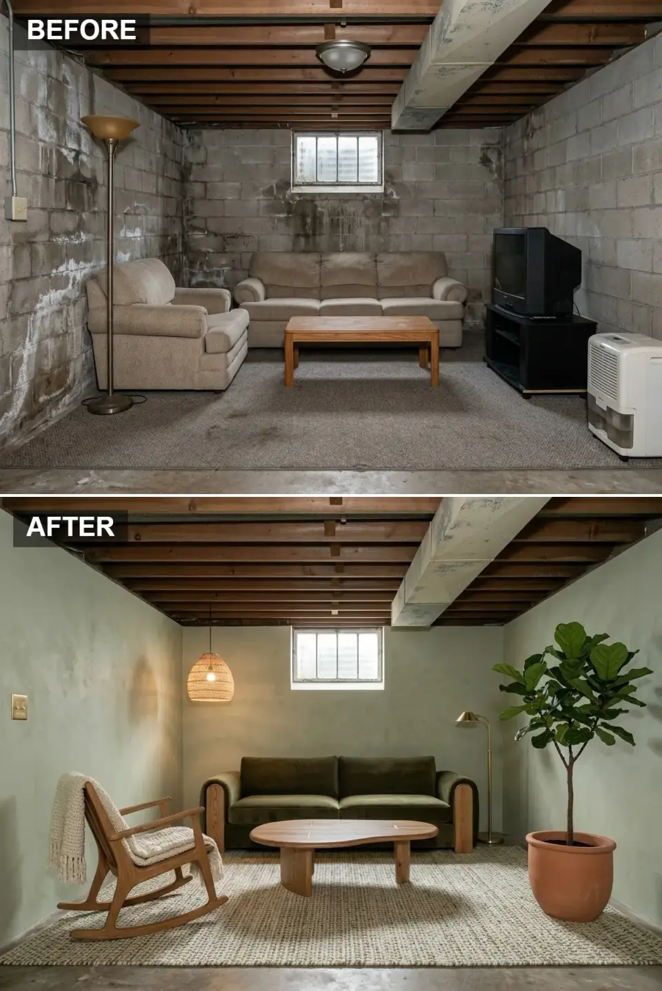 Organic modern basement with limewash sage walls, olive velvet sofa, live-edge table, and fiddle-leaf fig