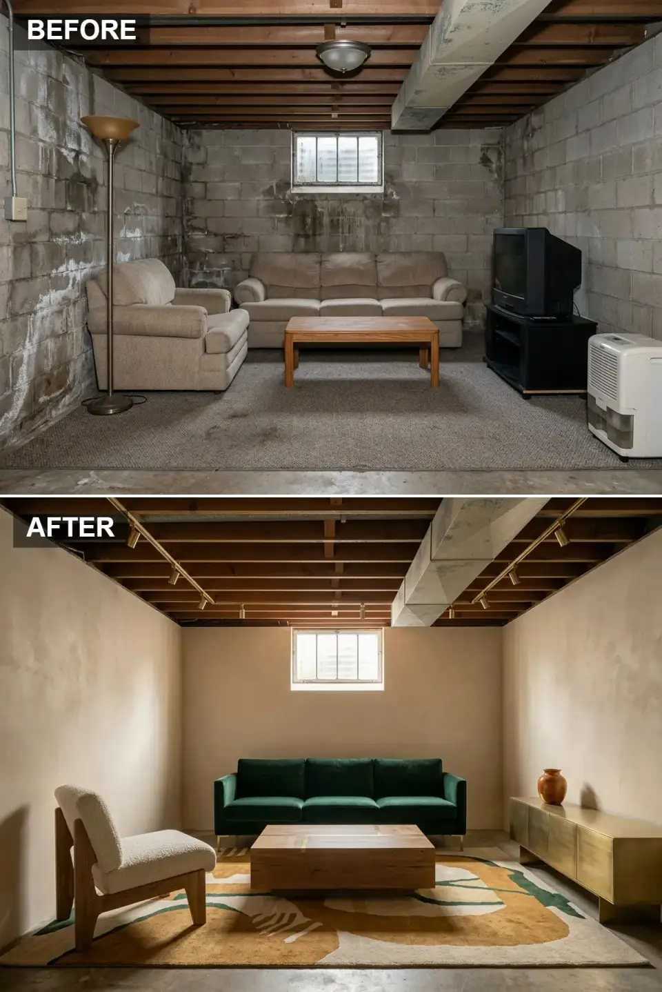 Warm modernist basement lounge with emerald velvet sofa, plaster walls, and track lighting on joists