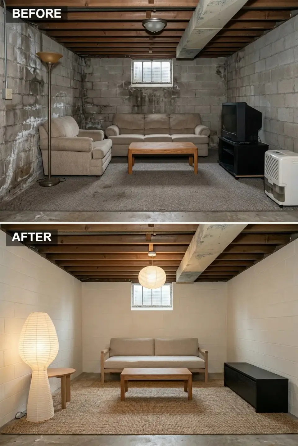 Japandi basement with alabaster walls, low oak sofa, jute rug, and Noguchi-style paper lanterns