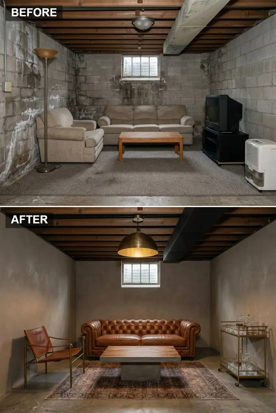 Industrial luxe basement bar with charcoal Venetian plaster, cognac Chesterfield, and brass bar cart