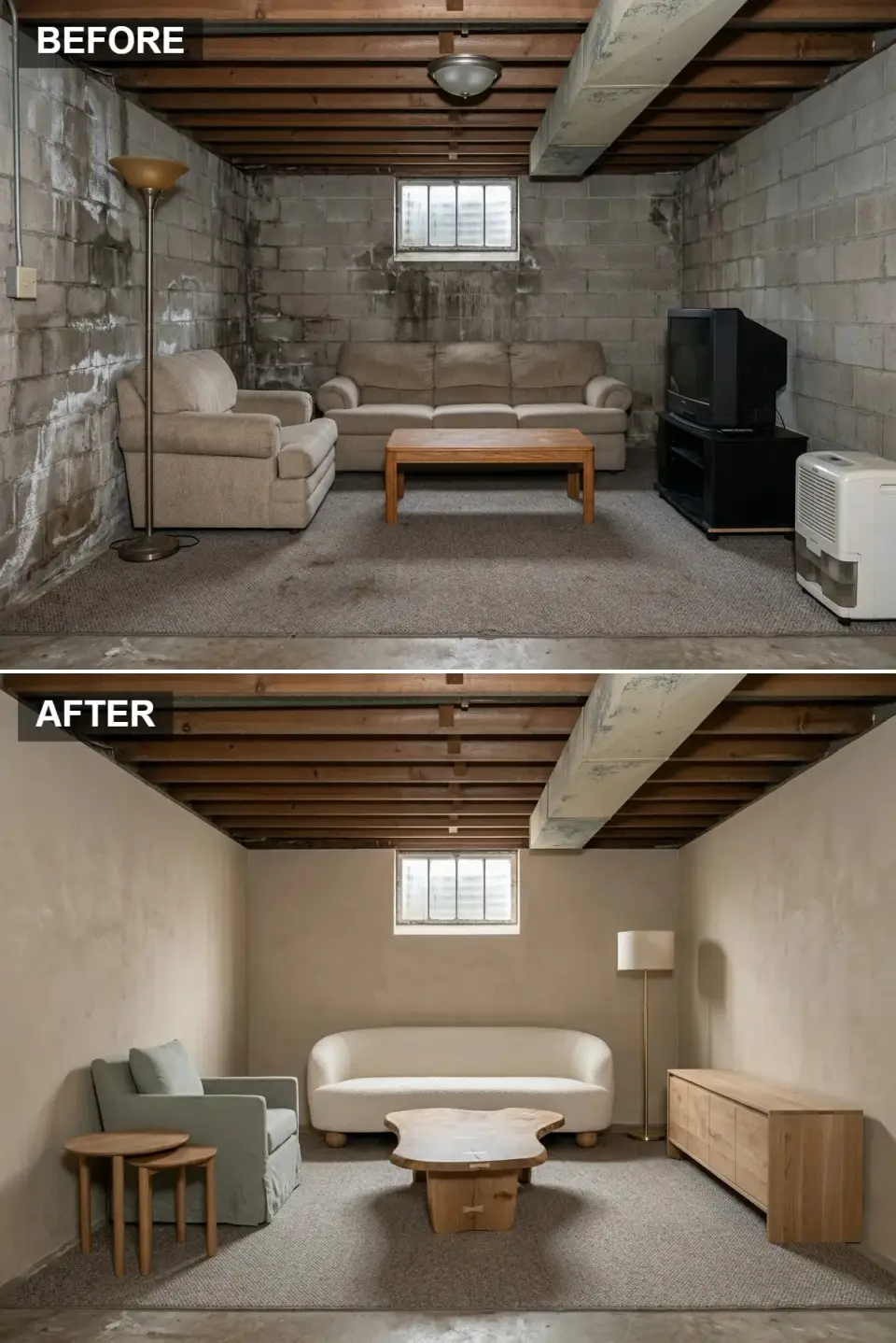 Soft organic basement with cream boucle cloud sofa, taupe plaster walls, and live-edge oak tables