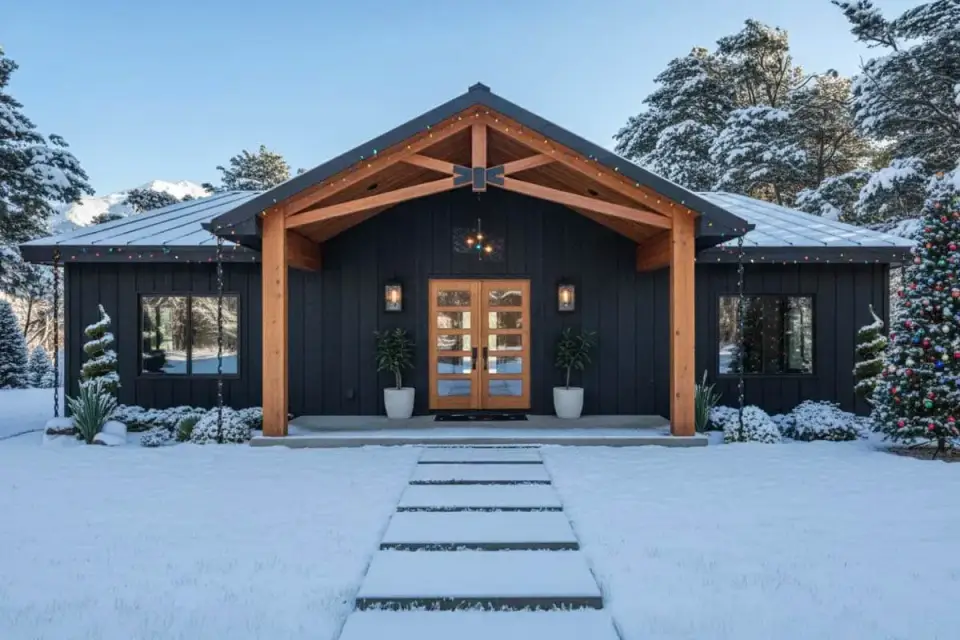 Plan 135233GRA winter snow scene showing mountain retreat snowloaded roof performance dark siding contrast against snow and warm cedar accents in cold weather setting