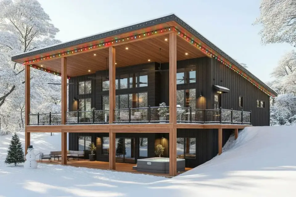 Plan 135233GRA winter mountain retreat exterior at dusk with snow on standing seam metal roof glowing interior windows and forest backdrop demonstrating four-season occupancy