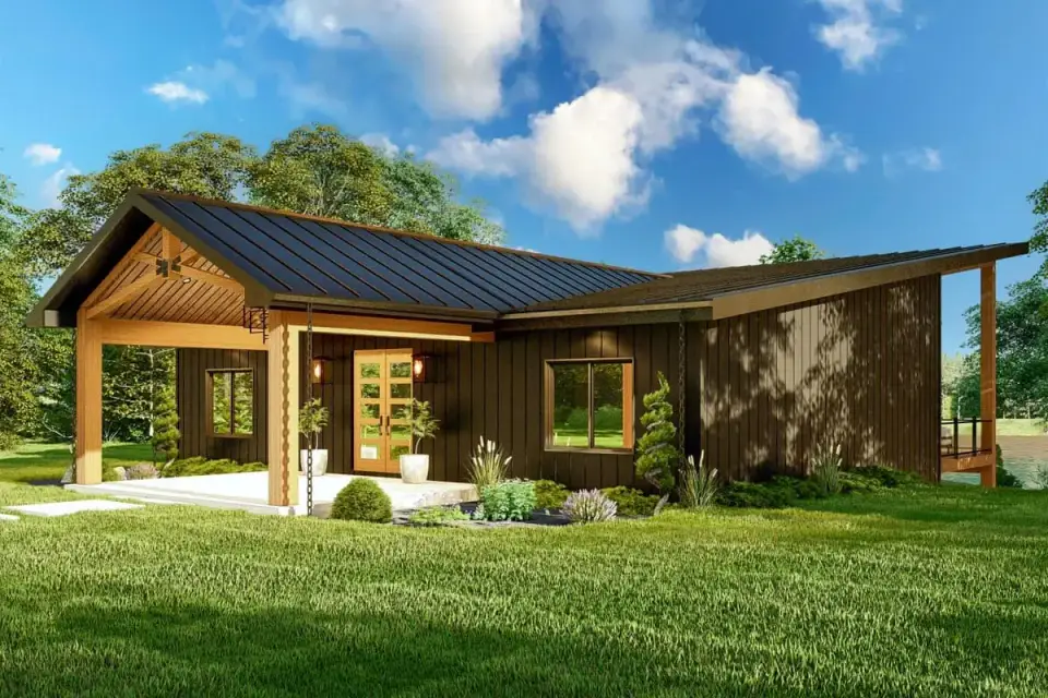 Plan 135233GRA primary modern shed roof variant front elevation showing minimalist mono-pitch silhouette mixed dark and warm cladding and contemporary mountain modern aesthetic
