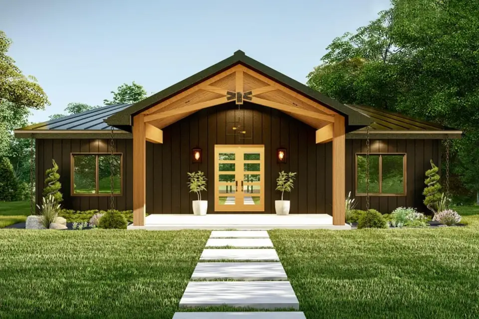 Plan 135233GRA gable front variant elevation with traditional gable porch timber trusses warm wood siding and adapted facade for buyers preferring traditional mountain vocabulary